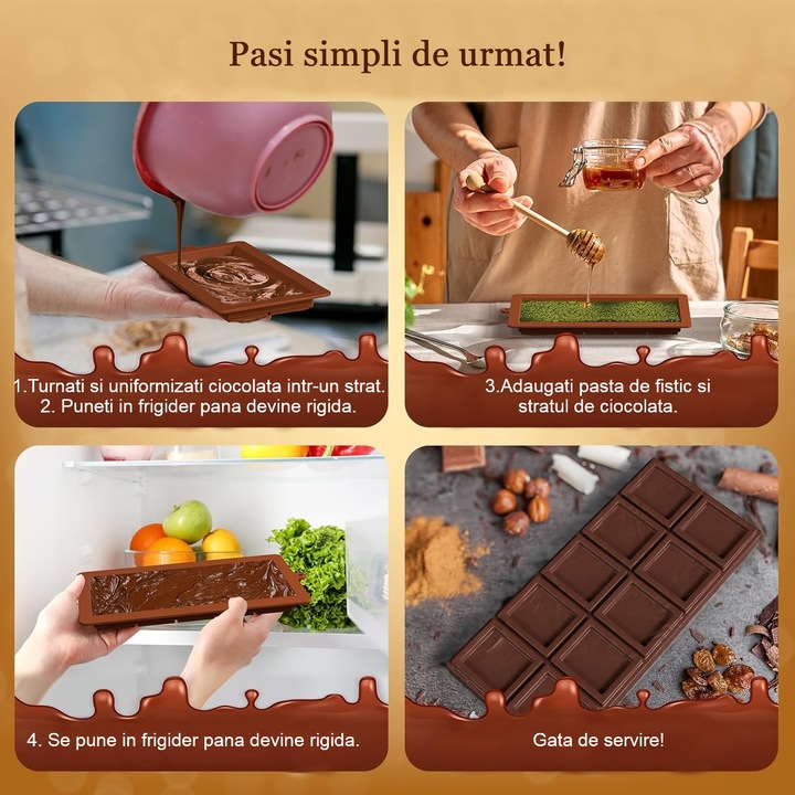 Forma Silicon Pentru Ciocolata Dubai MRG YH1160, 25x13.5 cm, Grosime 2 cm, 10 Alveole, Usor de Curatat, Silicon Alimentar, Maro