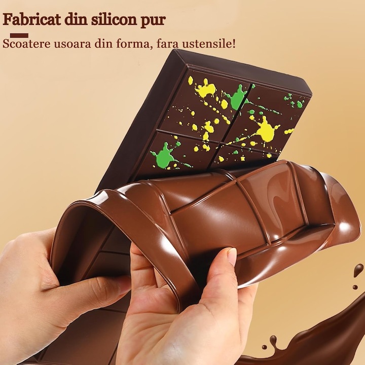 Forma Silicon Pentru Ciocolata Dubai MRG YH1160, 25x13.5 cm, Grosime 2 cm, 10 Alveole, Usor de Curatat, Silicon Alimentar, Maro