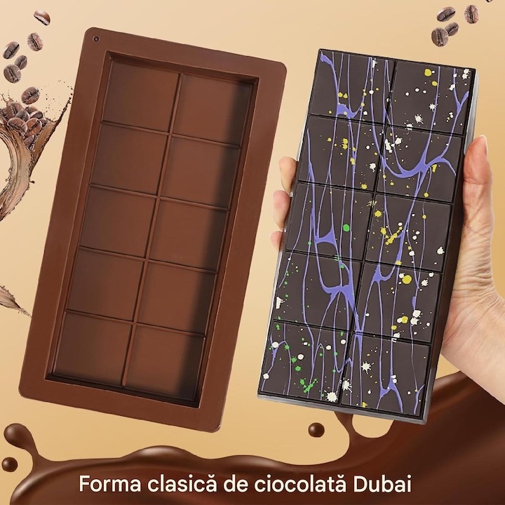 Forma Silicon Pentru Ciocolata Dubai MRG YH1160, 25x13.5 cm, Grosime 2 cm, 10 Alveole, Usor de Curatat, Silicon Alimentar, Maro