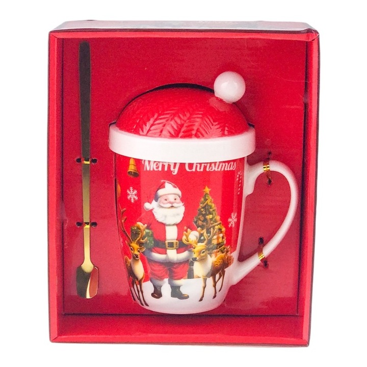 Cana din ceramica cu lingurita metalica si capac in forma de caciulita cu mot si imagini de Craciun.17x21 cm M3