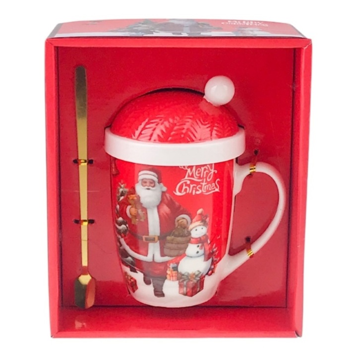 Cana din ceramica cu lingurita metalica si capac in forma de caciulita cu mot si imagini de Craciun.17x21 cm M5