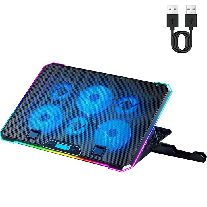 Cooler Calculator, Hggzeg, Suport pentru laptop, Cu 6 ventilatoare RGB, 1 suport, 1150 RPM, Display inteligent, Dual USB, Viteza reglabila a vantului, Design ergonomic, Tacere automata, 14-18inch, ABS, 415x298x15mm, Negru