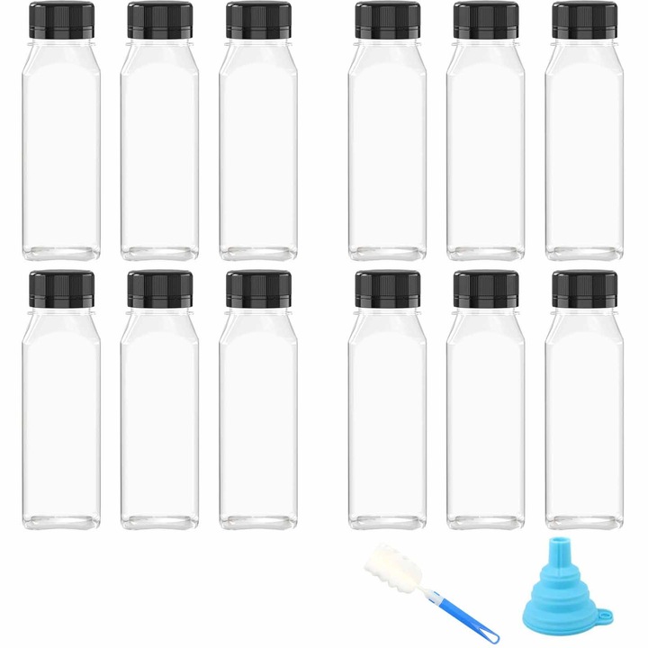 Комплект от 12 бутилки с капак, SINBINTA, 350 мл, Винтова капачка, С фуния, 2 стикера и четка за почистване, Без BPA, Без мирис, Защита от разливане, За безалкохолни напитки, Сокове, Мляко, Смутита, Пластмаса, 160*53.5 мм, Прозрачен