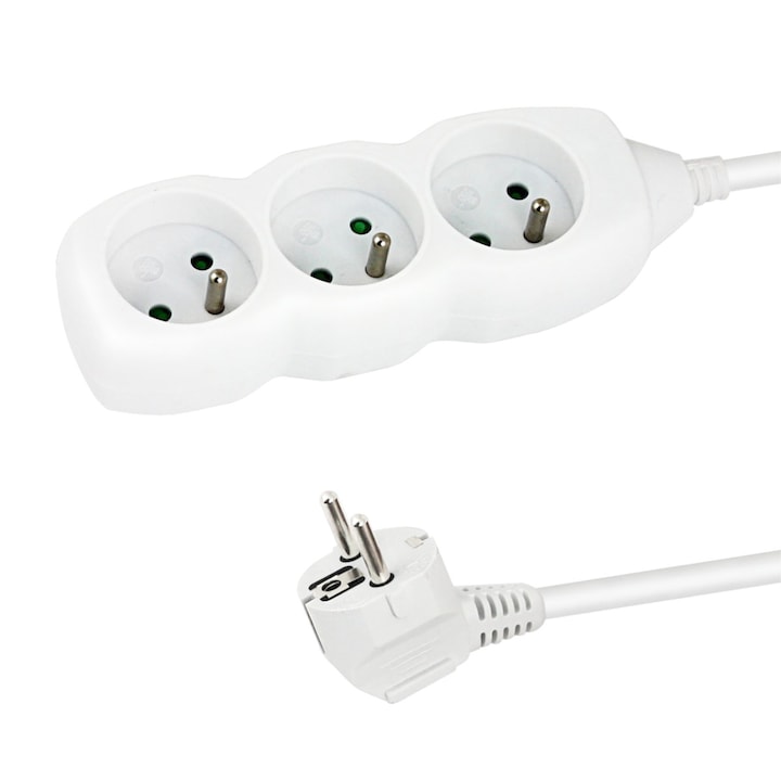 Prelungitor cu 3 prize si cablu cu lungime de 1.5m, 250V, 16A, sarcina maxima 3680W, cu impamantare si protectie copii, ES-96151, alb Alb 1.5 m