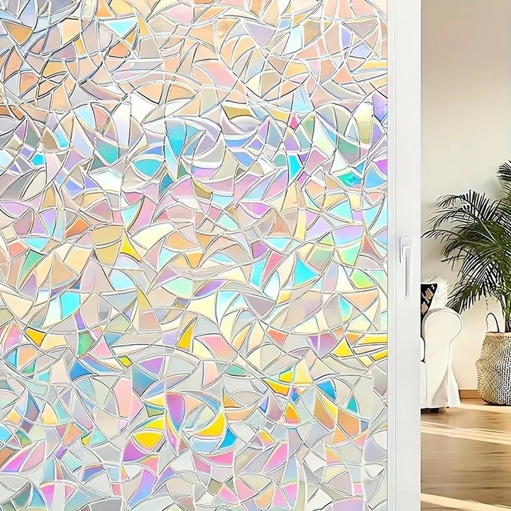 Folie Decorativa Privacy Pentru Geamuri - Home&Office, Protectie UV, Model Geometric Holografic, Dimensiuni 200x60 cm, Luxer