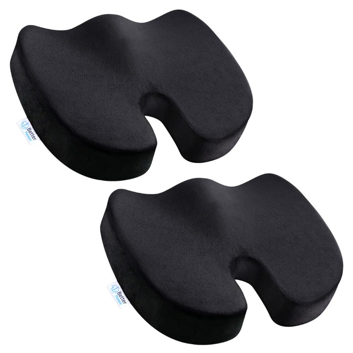 Pachet 2 perne ortopedice pentru sezut din spuma cu memorie Better Posture Pro, Negru, Greutate peste 80kg, 46 x 37 x 8 cm