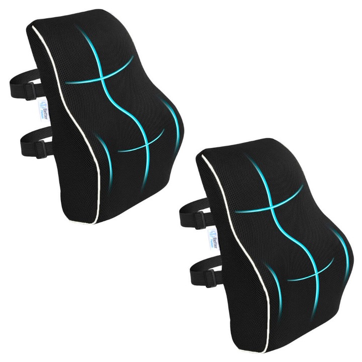 Pachet 2 perne lombare pentru birou sau automobil din spuma cu memorie Better Posture Pro, Negru, 46 x 38 x 11 cm