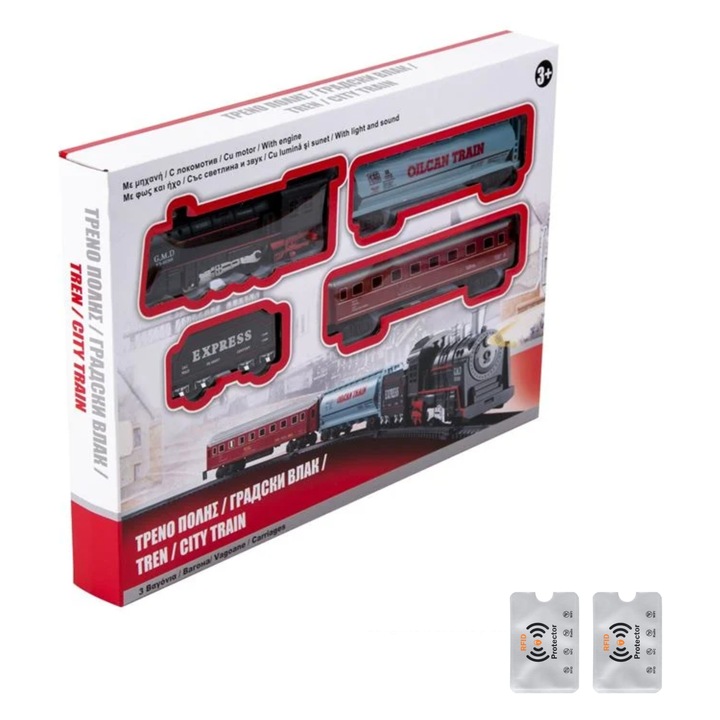 Jucarie Tren Model Express, 1 Locomotiva si 3 Vagoane, Lumini si Sunete, Circuit Sine 85 x 67 Cm, cu 2 Huse Card RFID, UnderShop
