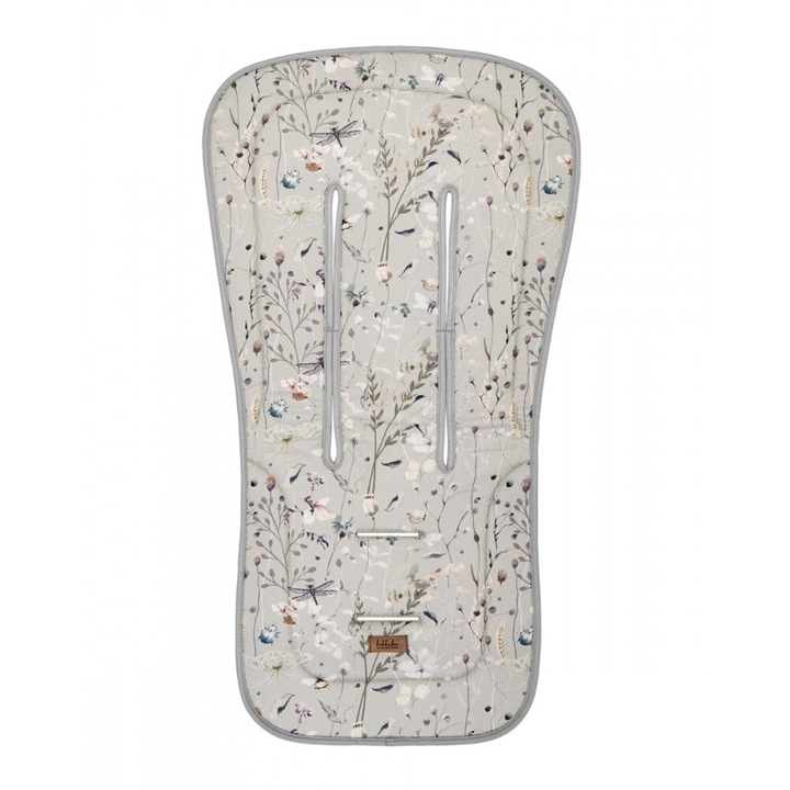 Protectie anti-transpiratie KikkaBoo Dreamy Fields Grey, Model universal pentru carucior, husa din bumbac moale si spate din plasa 3D respirabila, Orificii pentru centura de siguranta, Dimensiune 81x42 cm