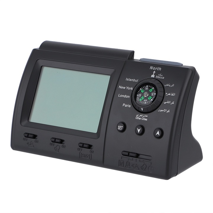 Azan asztali óra, imaóra, modern design, 15x6x8,5cm, világítási funkció, fekete