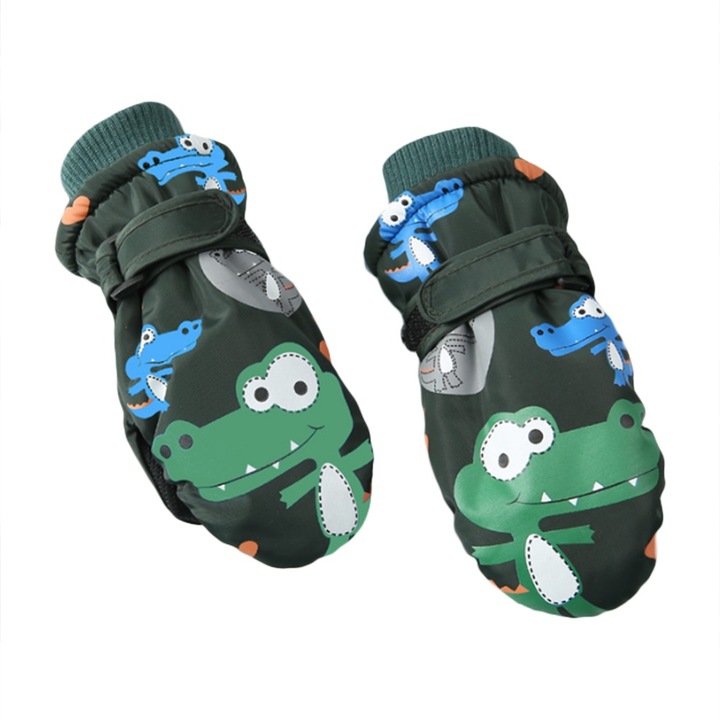 Manusi de ski pentru copii BGHYHYHI, impermeabile si rezistente la vant, model dinozaur, marimea S