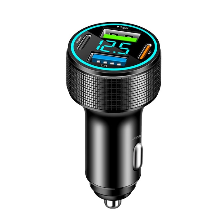 Incarcator auto, NAXSIR, 66W Super Fast charge, 2 x Type-C, 2 x USB, cu afisaj LED digital, 12V/24V, Corp aliaj aluminiu, Universal, Negru