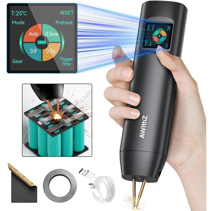 Aparat de sudura in puncte portabil si 2 moduri, Hesasa®, 1.5'' LCD, automat si manual, cu indicator LED, 90 viteze reglabile, reincarcabil, cu banda de nichel, pentru lipit acumulatori, pentru lipit baterii, Negru