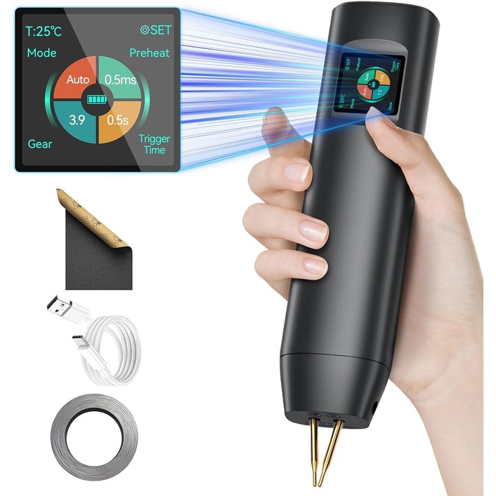 Преносим апарат за точково заваряване с 2 режима, автоматичен и ръчен, с LED индикатор, 90 регулируеми скорости, акумулаторен, с никелова лента, за запояване на батерии, за запояване на батерии 18650/26650/32650, черен