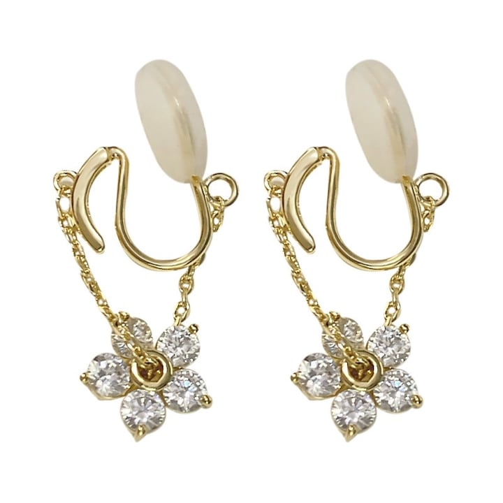 Cercei Clips lungi din aur cu flori, Diva4u, Placat cu Aur/Zirconiu, Antialergic, Include husa de catifea pentru bijuterii