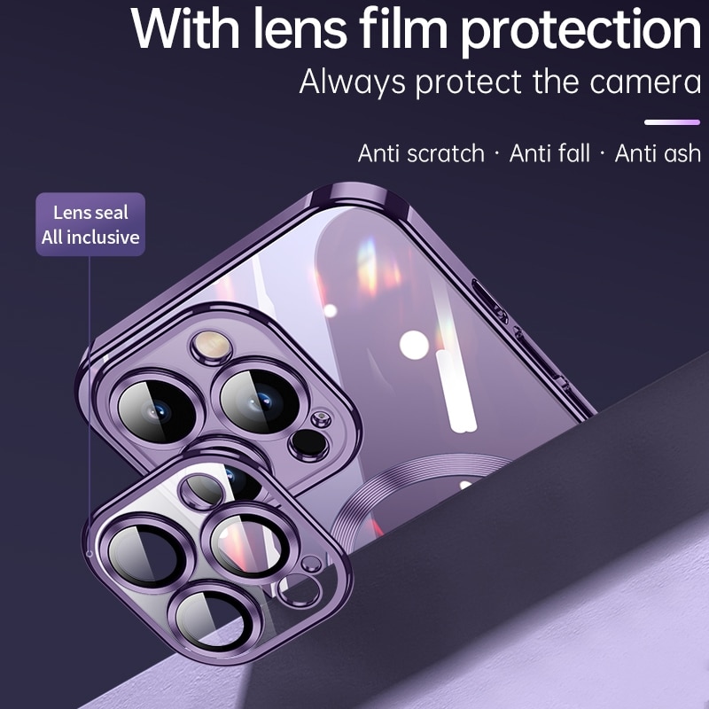 Husa De Protectie Pentru iPhone 14, Cu Protectie Camera, Plasa Anti-Praf, MagSafe Super-Puternic, Anti-Ingalbenire, Ultra-Subtire, Antisoc, Margini Complet Acoperite, Transparenta, Mov