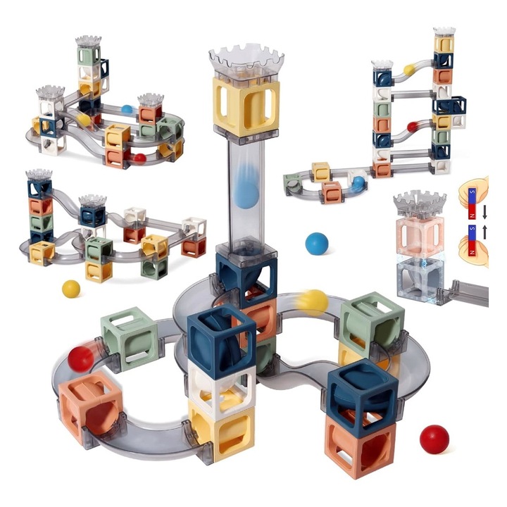 Set 41 Piese Magnetice de Constructie, OPTIM SOLUTION, cu Tobogane si Bile, Educational, Numeroase Posibilitati de Construit, Dezvoltare Abilitati Motorii Copii, Magnetic Blocks, Gandire Logica, Forme Geometrice, Multicolor