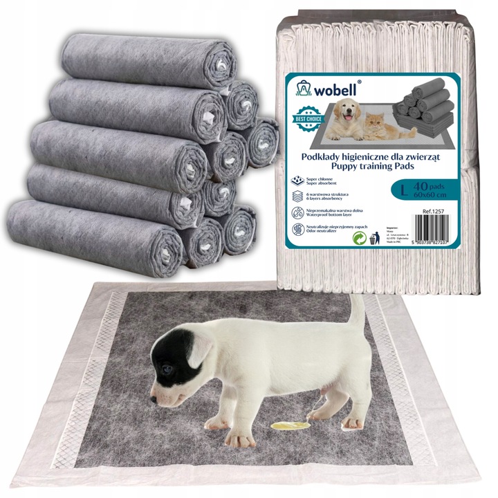 Nedvszívó betét kutyáknak és macskáknak, Wobell, nedvszívó, higiénikus, eldobható, semlegesíti a kellemetlen szagokat, 60x60 cm, 40 db, Szürke/Fehér