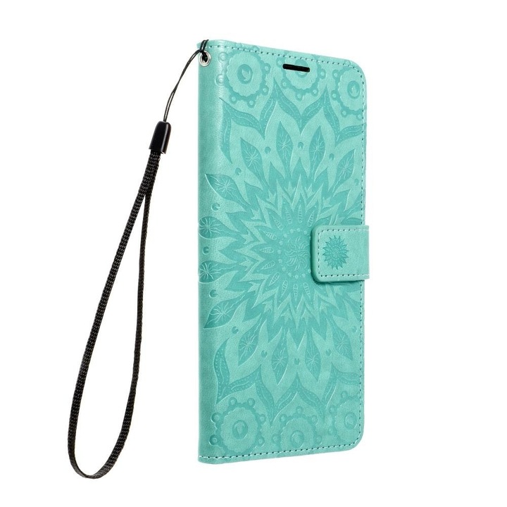 Samsung Galaxy A17 4G / A17 5G kompatibilis telefontok, könyvtok, mágneszáras, bankkártyatartós, mandala mintás, zöld, Forcell Mezzo