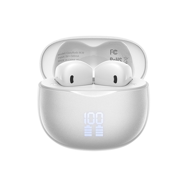 Casti Bluetooth fara fir, calitate HD a sunetului, stereo bilateral, autonomie 6 ore, bobina mobila de 13 mm, distanta de transmisie 10 metri, anulare inteligenta a zgomotului, rezistent la apa, afisaj digital de putere, compact si portabil, alb perlat