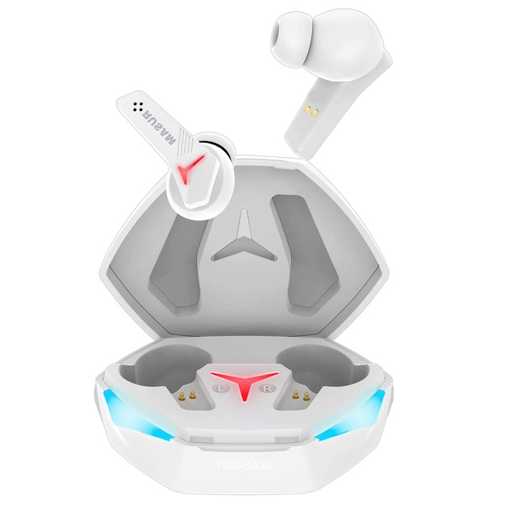 Casti audio wireless In-Ear, Bluetooth 5.2, Gaming, Microfon, Control prin atingere, Functie de anulare a zgomotelor, Autonomie Baterie 15h, Incarcare rapida Type C, Alb