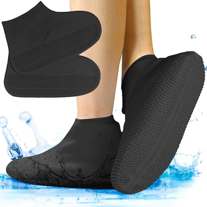 Protectii pentru incaltaminte, Huse pentru cizme de ploaie, impermeabile de silicon, anti-alunecare, marime S 30-34, Negru