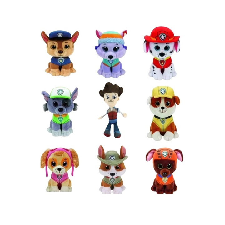 Set 9 Mascote de plus, Patrula Catelusilor, ochi cristal, sunet, multicolor, 27 cm