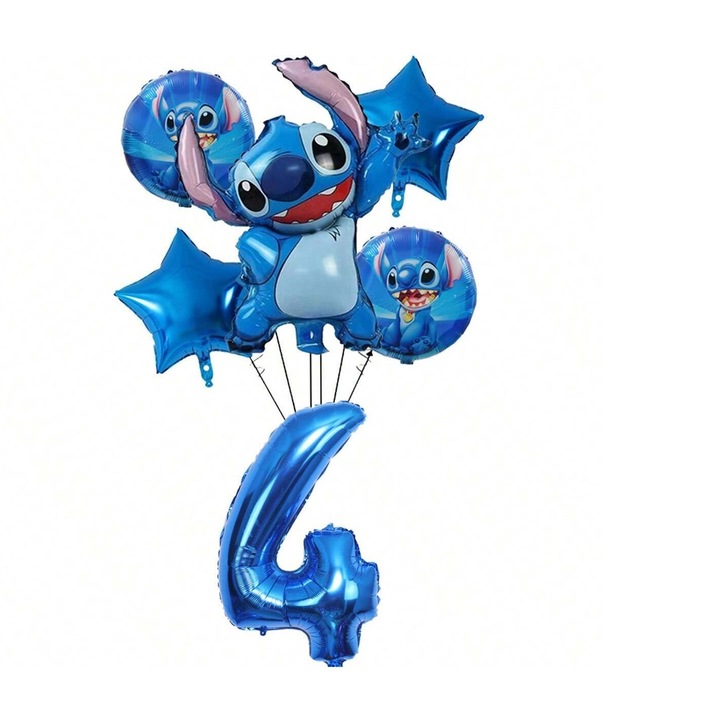 Комплект 6 балони Edea Lilo and Stitch, Цифра 4 - 82 cm, Фигура Stitch 74 cm, Фолио