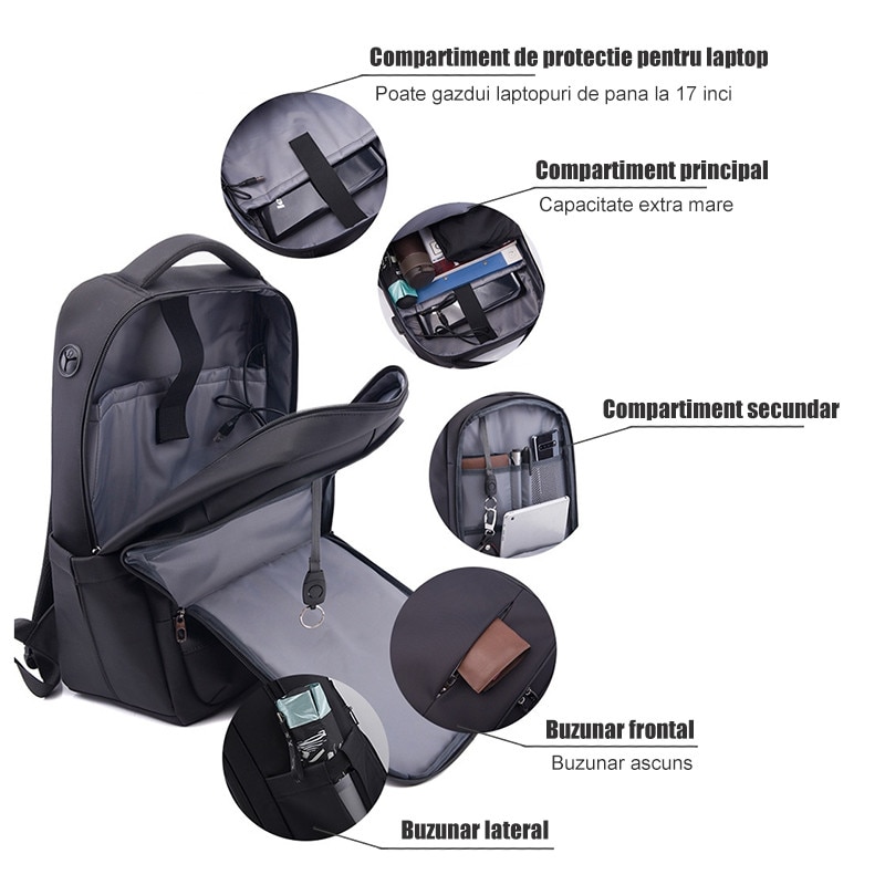 Rucsac, rucsac pentru laptop, geanta de umar, rucsac de calatorie, Fudisenn®, compatibil cu laptopuri de pana la 15,6 inci, impermeabil, design cu mai multe compartimente, cu port de incarcare USB, unisex, negru