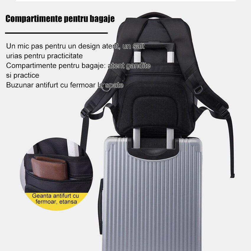 Rucsac, rucsac pentru laptop, geanta de umar, rucsac de calatorie, Fudisenn®, compatibil cu laptopuri de pana la 15,6 inci, impermeabil, design cu mai multe compartimente, cu port de incarcare USB, unisex, negru
