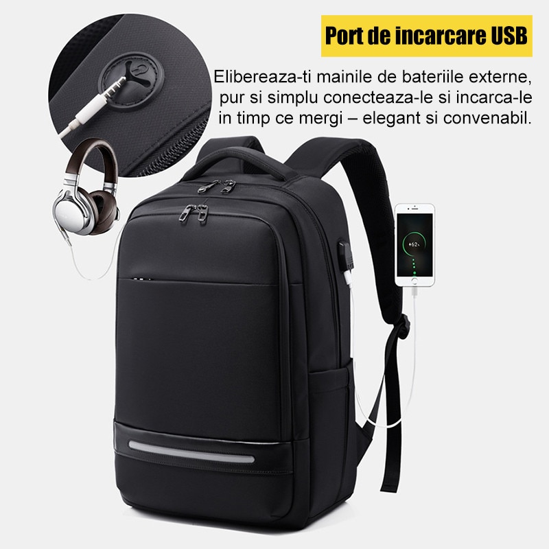 Rucsac, rucsac pentru laptop, geanta de umar, rucsac de calatorie, Fudisenn®, compatibil cu laptopuri de pana la 15,6 inci, impermeabil, design cu mai multe compartimente, cu port de incarcare USB, unisex, negru