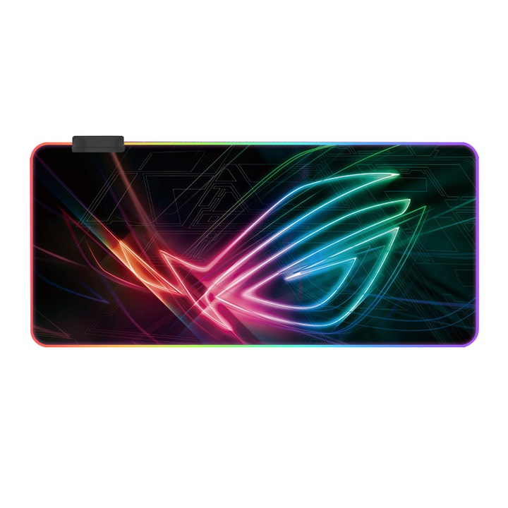 Világító egérpad, Fudisenn, színes LED, csúszásgátló gumitalp, 7 világítási szín, USB csatlakozó, 800x300x4mm, fekete