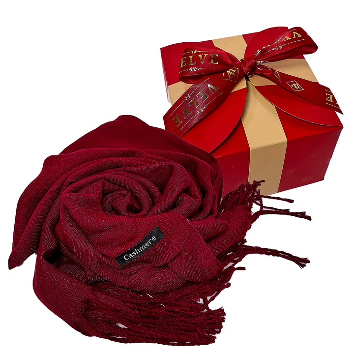 Esarfa tip sal Belladona, din material subtire, cu franjuri si emblema, in cutie cadou, Burgundy, 180x65 cm, Velve