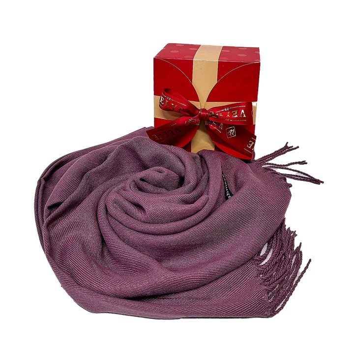 Esarfa tip sal Belladona, din material subtire, cu franjuri si emblema, in cutie cadou, Mov prafuit, 180x65 cm, Velve