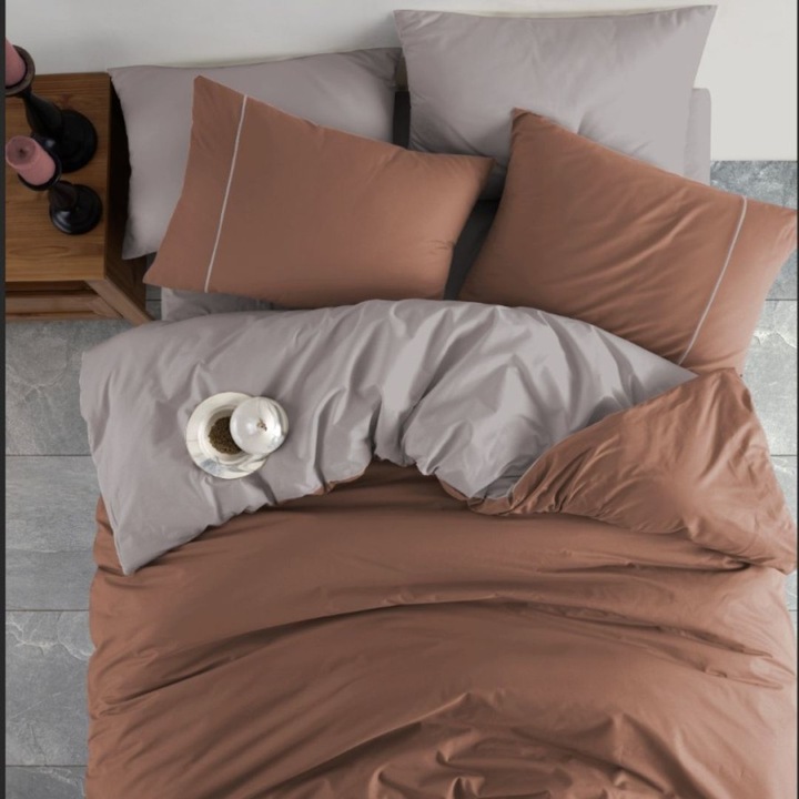 Lenjerie pat dublu, bumbac 100% ranforce, 240x260 cm, 4 piese, Bahar Tekstil, Sevilla Bej/Maro
