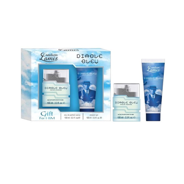 Set cadou parfum barbati Creation Lamis Diable Bleu, barbati, apa de toaleta 100 ml, gel de dus 100 ml