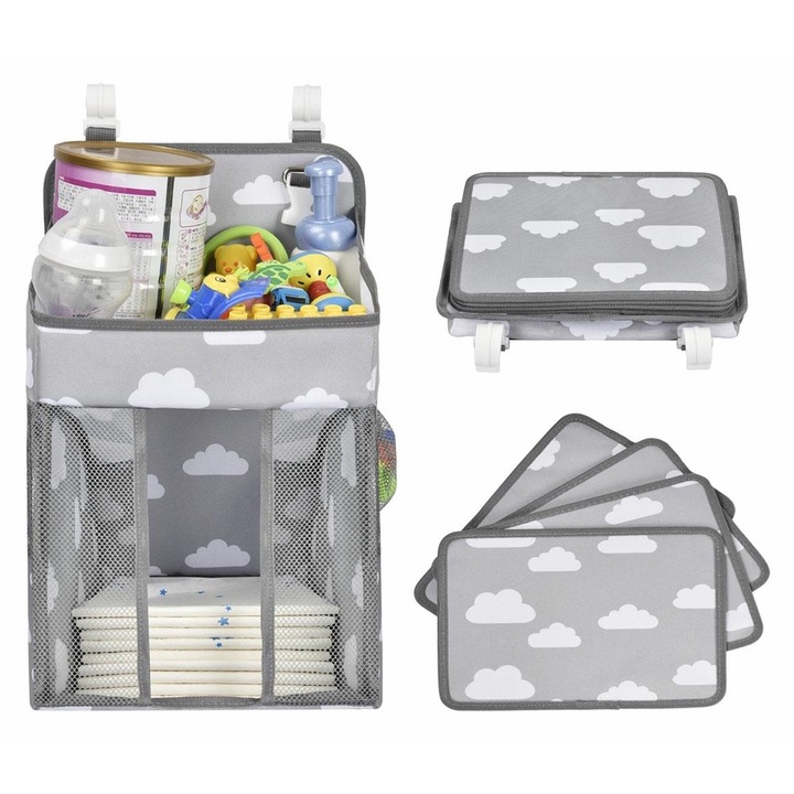 Organizator pentru patut, Tecos®, scutece, accesorii si alte lucruri necesare cresterii copilului, 43x28x20cm, posibilitate de agatare de pat, gri