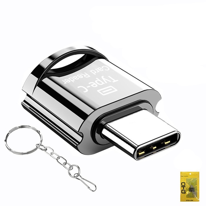 Cititor card microSD Type-C ultraportabil，Fudisenn，480Mbps, Material aliaj de zinc，Suport card de memorie TF，Cu lant suspendat，argint，21x18x10mm