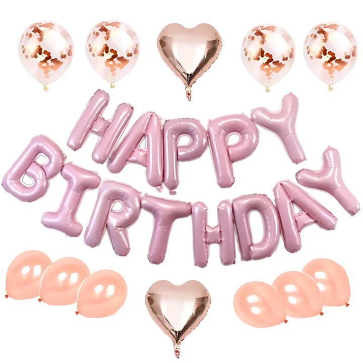 Комплект фолиеви балони "Happy Birthday", S DEPOT и латексови балони, за парти декорация, розово злато