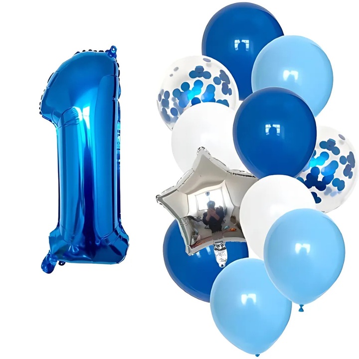Комплект от 12 балона S DEPOT® от латекс и фолио за 1 годишнина, сини