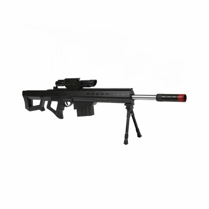 Pusca de jucarie 3 in 1, design realistic, lungime 83cm, cu luneta, trepied si 74 de bile incluse, tinta din hartie, neagra, scara 1:1, varsta 14+, Yupy®