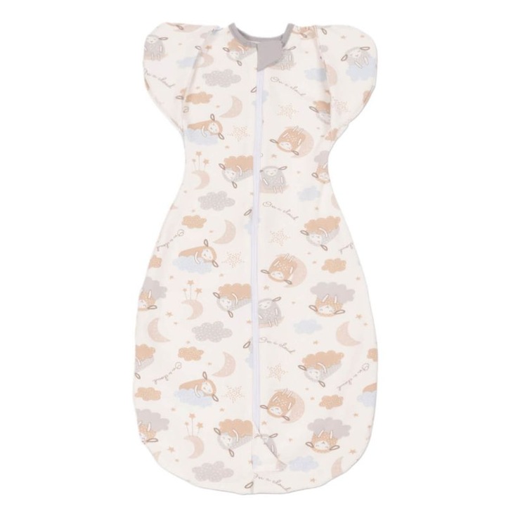 Sistem de infasat transformabil in sac de dormit, 1-6 luni Kidizi® Swaddel Confort UP On a Cloud Pastel, bumbac flausat, 1 tog, pentru toamna-iarna
