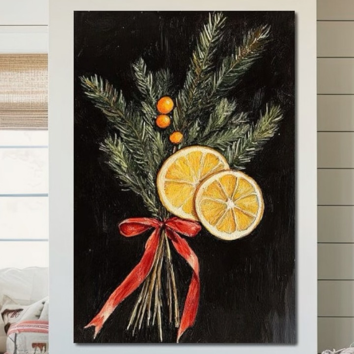 Премиум картина върху платно, LuxCanva® D1015, Ароматни елхови клонки, 100 X 155 СМ, 100% памучно платно 400 г/м2, дървена рамка, клони, ела, портокали, мирис, хол, ярки цветове