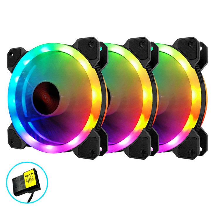 Set 3 Ventilatoare RGB 12 0mm, Ventilator silentios，Fudisenn， Interfata mare cu 4 pini，1200 Viteza de rotatie ，9 pale de ventilator，negru，14,7x12,5x2,8cm