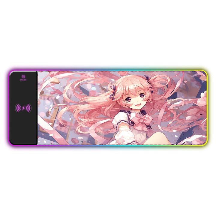 MousePad Gaming Cu Incarcare Wireless 15W si Lumini RGB，Fudisenn，17 efecte de iluminare RGB，Sensarea atingerii，7.5W, model roz，roz,800x300x4mm