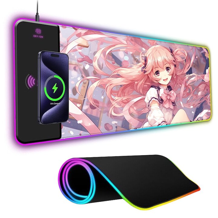 Mousepad profesional pentru gaming, mousepad pentru desktop, cu tematica de fundite, Fudisenn, dimensiuni mari, incarcare rapida 15W, 17 efecte de iluminare RGB, senzor tactil, material cauciucat, antiderapant, 800x300mm, roz