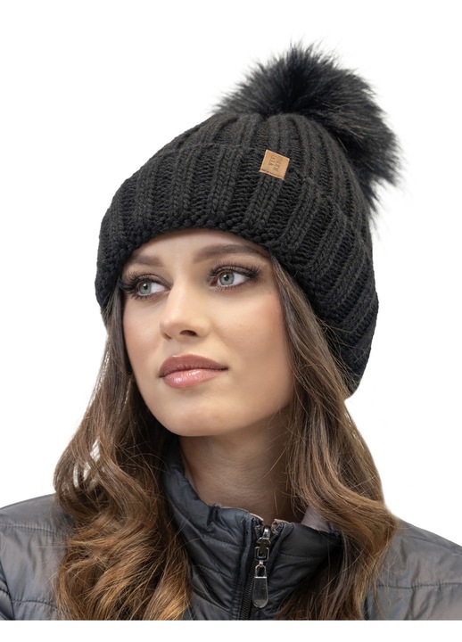 Vivisence női téli bojtos sapka, tökéletes illeszkedéssel, meleg fonalból, antisztatikus polár béléssel, ideális őszi és téli napokra, fekete, egy méretben