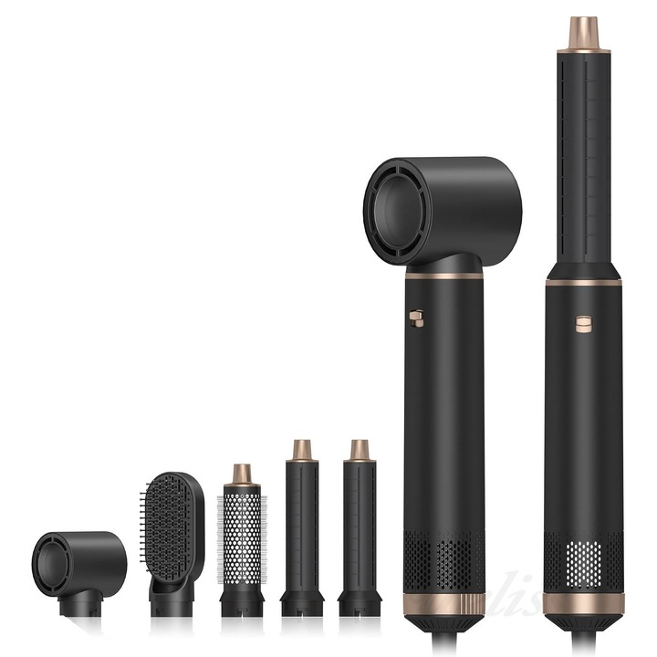 Hajszárító, hajsütővas, 5 az 1-ben, 3 hőmérsékleti fokozat, turmalin kerámia, száraz és nedves hajra is alkalmas, fekete