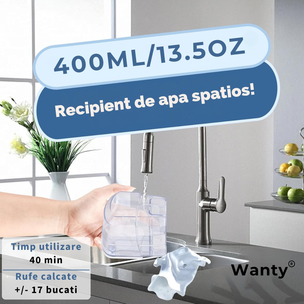 Fier de calcat Vertical cu Abur Wanty®, Display LCD, 1500W, 20s Timp de incalzire, Debit de abur 24 g/min, Doua moduri de temperatura 130°C si 150°C, Rezervor de 400 ml, Perie, Manusa protectie si Bila Anti-incalcire rufe incluse, Sac de depozitare, Alb