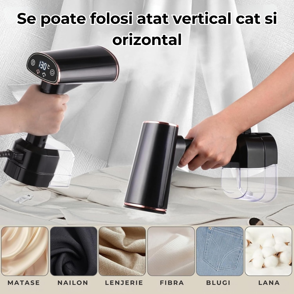 Fier de calcat Vertical cu Abur Wanty®, Display LCD, 1500W, 20s Timp de incalzire, Debit de abur 24 g/min, Doua moduri de temperatura 130°C si 150°C, Rezervor de 400 ml, Perie, Manusa protectie si Bila Anti-incalcire rufe incluse, Sac de depozitare, Alb